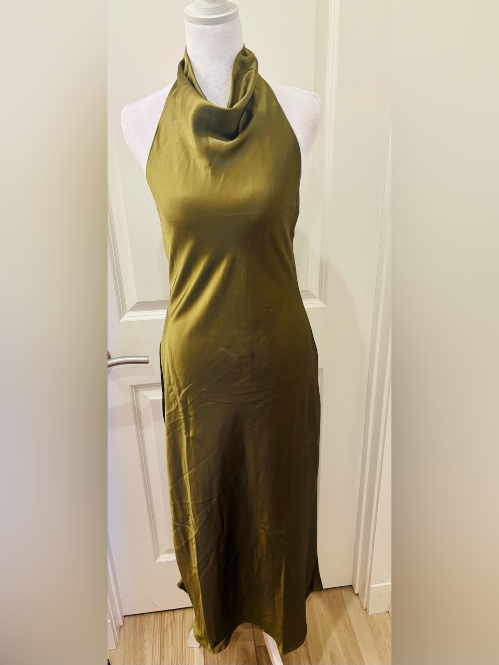 NWT Sincerely Jules Olive Green Halter Satin Maxi Dress- S